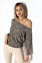 Aleg Women's Boat Neck Flowy Comfortable Fit Three-Quarter Sleeve Blouse & Top - Leopardbeige - 6