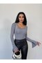 Women's Grey Long Sleeve Tie Back Fit Cut Crop Blouse Hzl25W-Fry122771 - 3