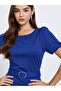 Blue Puff Sleeves Maxi Dress with Buckle Accent - 3