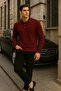 Men's Casual Long Sleeve Basic Burgundy Polo Neck T-Shirt - 4