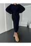 Crew Neck Hair Braided Long Trend Popular Knitwear Dress Dark Blue