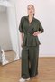 Women's Khaki Pleated Zipper Closure Belt Detail Tunic Elastic Waist Trousers Set - 2