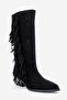 Orlo Black Suede Genuine Leather Tasseled Women's Western Boots - 3