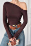 Women's Brown One Shoulder Boat Neck Soft Textured Bodysuit - 4