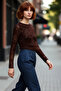 Women's Fitted Patterned Tulle Long Sleeve Boat Neck Knitted Quality Stylish Comfortable Modern Elegant