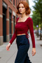 Women's Fitted Square Neck Drawstring Long Sleeve Crop Knitted Quality Stylish Comfortable Modern Elegant Casual