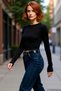 Women's Pink Viscose Ribbed Textured Fitted Crew Neck Long Sleeve Crop Blouse Suitable for Daily Use