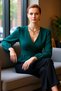 Women's Ecru Double-Breasted Tie Detail V-Neck Balloon Sleeve Woven Blouse for Winter Business Use - 2