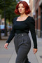 Women's Square Neck Embossed Sleeve Detail Slim Knit Blouse Quality Stylish Comfortable Modern Elegant Casual