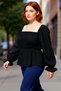Women's Navy Blue Square Neck Gathered Sleeve Gipeli Woven Blouse A-Line Silhouette Crop Length Feminine Style