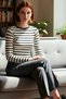 Women's Fitted Crew Neck Burgundy Striped Long Sleeve Viscose Ribbed Winter Blouse for Daily Wear - 2