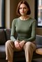 Women's Pink Viscose Ribbed Textured Fitted Crew Neck Long Sleeve Crop Blouse Suitable for Daily Use - 2