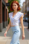 Women's V-Neck Tie Detail Short Sleeve Woven Blouse Quality Stylish Comfortable Modern Elegant Casual