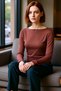 Women's Fitted Viscose Ribbed Boat Neck Low Sleeve Ruched Detail Long Sleeve Knitted Blouse for Daily Wear - 2
