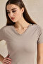 Women Beige Basic V-Neck T-Shirt - 4