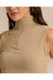 Women Beige Ribbed High Neck T-Shirt - 4