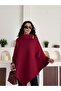 Women's Claret Red Collar Button Detailed Stylish Design Poncho