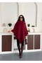 Women's Claret Red Collar Button Detailed Stylish Design Poncho - 4