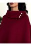 Women's Claret Red Collar Button Detailed Stylish Design Poncho - 3