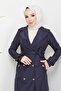 Double Breasted Collar Belted Lined Navy Blue Trench Coat - 3