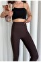 Women's Brown Fleece-Lined High-Waisted Slimming Stretchy Plain Ribbed Winter Leggings - 4