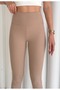 Women's Beige Color Fleece-Lined High-Waisted Ribbed Shaping Leggings with Elastic Waistband and Ribbed Detail Winter Women's Leggings - 6