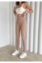 Women's Beige Color Fleece-Lined High-Waisted Ribbed Shaping Leggings with Elastic Waistband and Ribbed Detail Winter Women's Leggings - 5