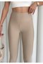 Women's Beige Fleece-Lined High Waist Slimming Stretchy Plain Ribbed Winter Leggings - 7
