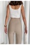 Women's Beige Fleece-Lined High Waist Slimming Stretchy Plain Ribbed Winter Leggings - 4