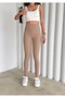 Women's Beige Color Fleece-Lined High-Waisted Ribbed Shaping Leggings with Elastic Waistband and Ribbed Detail Winter Women's Leggings - 3