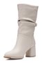 Daily Women's Knee-Length Beige Boots with Bellows, Thick High Heels, Without Zipper, Thai Furry Lining Bootie 2430 - 7
