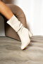 Daily Women's Below the Knee Beige Boots with Bellows, Thick High Heels, Without Zipper, Thai Furry Lining Bootie 2430 - 3