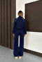 Women's Navy Blue Striped Wide Leg Zippered Modal Fabric Tracksuit Set - 8