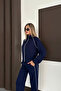 Women's Navy Blue Striped Wide Leg Zippered Modal Fabric Tracksuit Set - 6