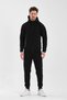 Men's double face Hooded zippered pocketed elastic leg black tracksuit set - 7763