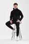 Men's double face Hooded zippered pocketed elastic leg black tracksuit set - 7763 - 7