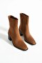 Women's Suede Tan Thick Heeled Zippered Short Heeled Boots - 7