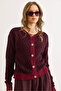 Women's Burgundy Tiny Diamond Pattern Crew Neck Soft Textured Knit Cardigan Hrk-19000437 - 3
