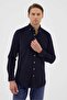 Velvet Collar Buttoned 100% Cotton Comfort Fit Navy Blue Men's Shirt - 3