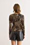 Women's Stone Leopard Accessory Detailed Double-Breasted Flexible Corded Fabric Blouse Blz-19003110 - 6