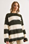 Women's Khaki White Striped Soft Textured Thick Knit Sweater Kzk-19001039 - 6