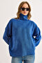Women's Indigo Turtleneck Soft Textured Bat Knitwear Sweater Kzk-19001036 - 5