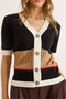 Women's White Black V-Neck Color Block Short Sleeve Knitwear Cardigan Hrk-19000435 - 6