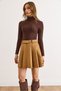 Women's Camel Side Zippered Belted Pleated Mini Suede Skirt Etk-19000361 - 5