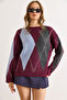 Women's Plum Baklava Pattern Soft Textured Thick Knitwear Sweater Kzk-19001038 - 5