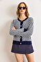 Women's Navy Blue Tiny Diamond Pattern Crew Neck Soft Textured Knit Cardigan Hrk-19000437 - 6