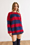 Women's Burgundy Navy Blue Striped Soft Textured Thick Knit Sweater Kzk-19001039 - 2