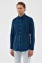 Velvet Collar Buttoned 100% Cotton Comfort Fit Petrol Men's Shirt - 5