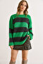 Women's Green Black Striped Soft Textured Thick Knit Sweater Kzk-19001039