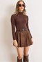 Women's Brown Belted Pleated Suede Shorts Mini Skirt Etk-19000362